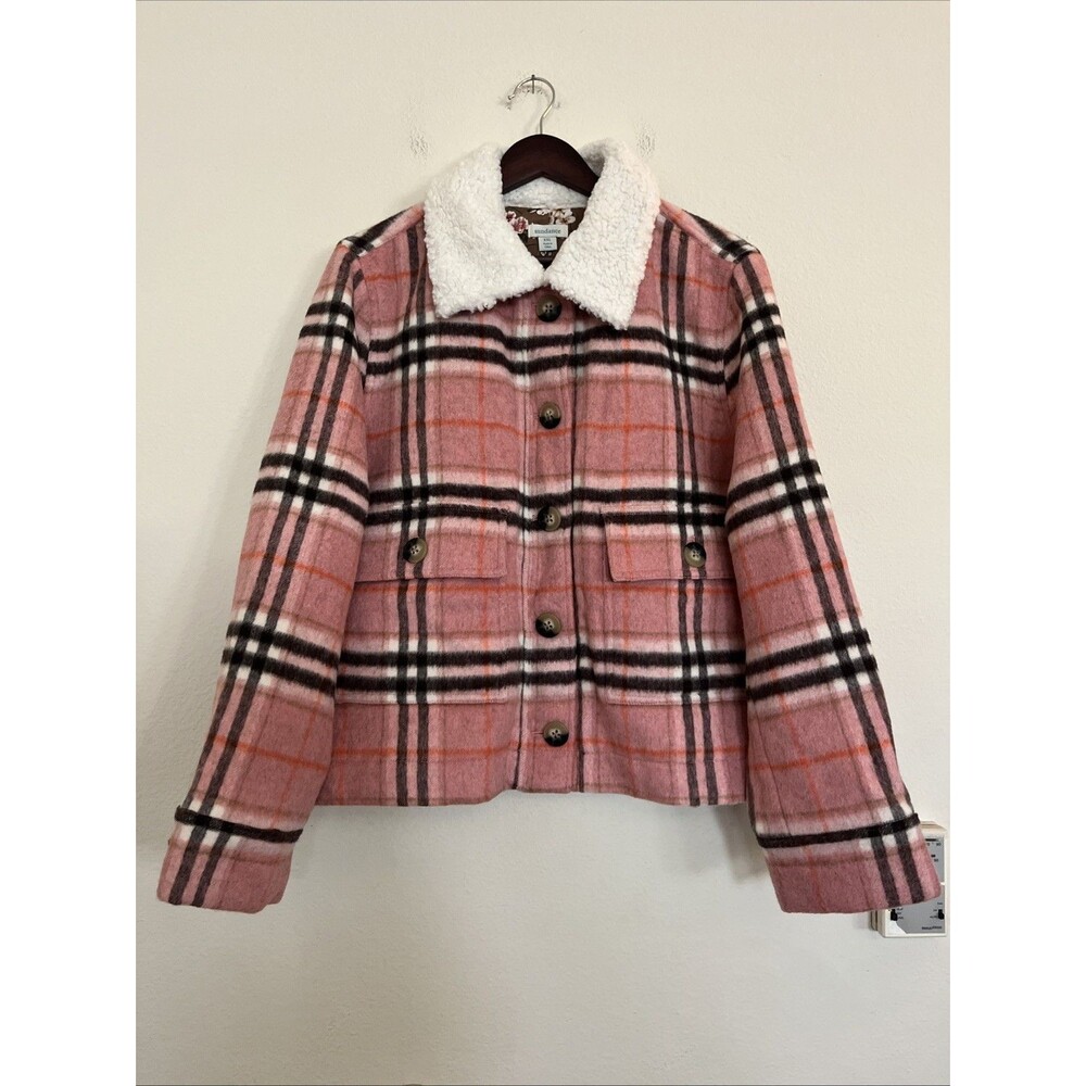Sundance Edith Plaid Wool Blend Lined Pink Black Shearling Collar Jacket SZ XXL
